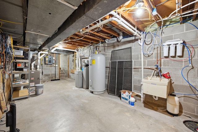 2650 Fox St, Orono, MN 55391 - unfinished basement featuring water heater, electric panel, and a sink