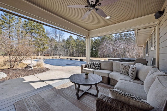 2650 Fox St, Orono, MN 55391 - view of patio / terrace featuring ceiling fan, outdoor lounge area, and view of scattered trees