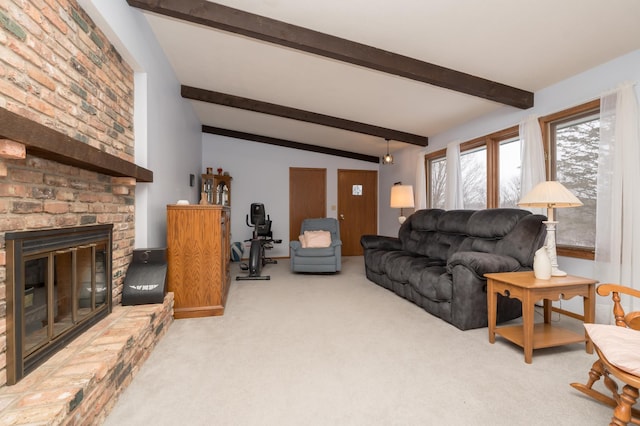 living room with light carpet, a fireplace, and lofted ceiling with beams