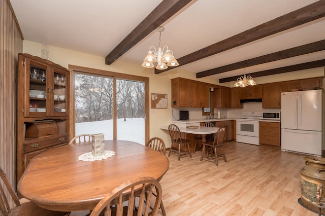 dining space with beamed ceiling, sink, light hardwood / wood-style floors, and a notable chandelier