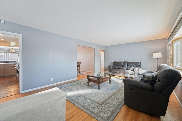 living room with baseboards and wood finished floors