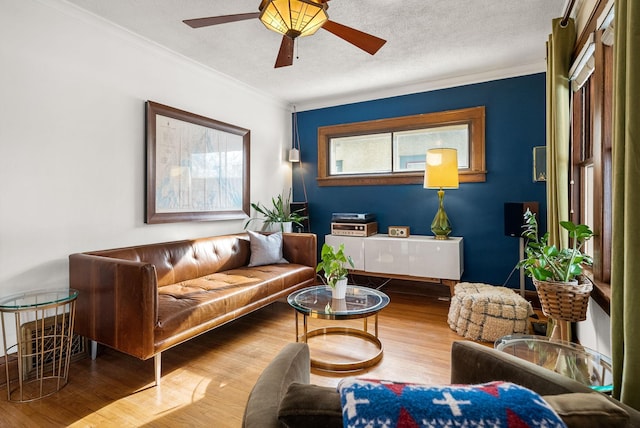 living room featuring hardwood / wood-style floors, crown molding, a textured ceiling, and ceiling fan