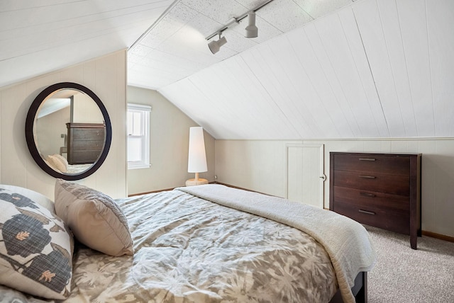 bedroom featuring light carpet, track lighting, and lofted ceiling