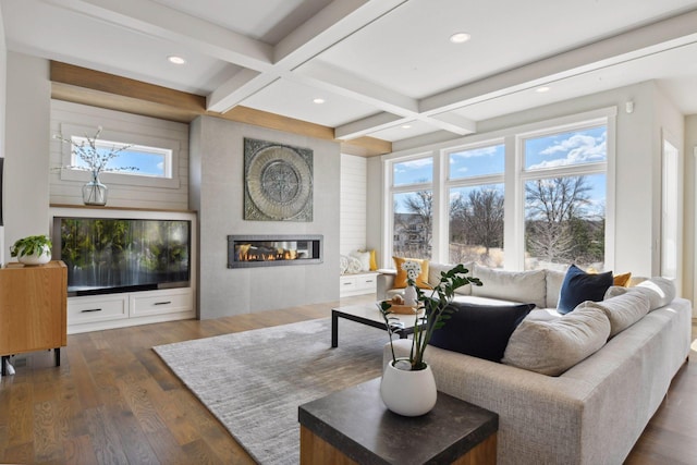 4765 Augusta St, Orono, MN 55364 - living area with a large fireplace, coffered ceiling, beamed ceiling, dark wood-type flooring, and plenty of natural light