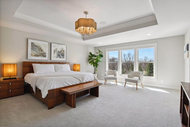 4765 Augusta St, Orono, MN 55364 - bedroom with a chandelier, a raised ceiling, light colored carpet, and recessed lighting