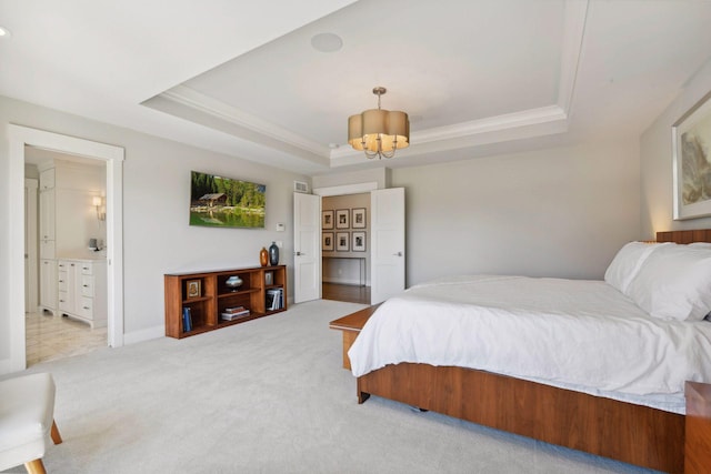 4765 Augusta St, Orono, MN 55364 - bedroom featuring a raised ceiling, a chandelier, light carpet, crown molding, and ensuite bathroom