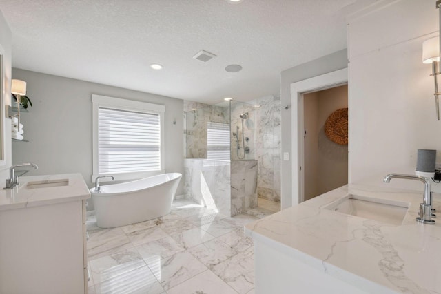 4765 Augusta St, Orono, MN 55364 - full bath featuring vanity, a marble finish shower, marble tiled floors, a soaking tub, and recessed lighting