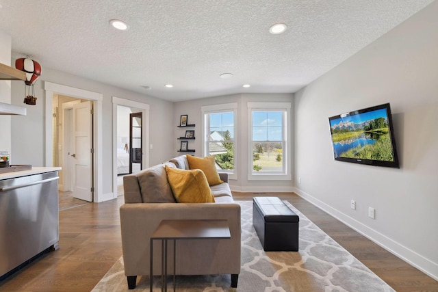 4765 Augusta St, Orono, MN 55364 - living area with a textured ceiling, dark wood-type flooring, and recessed lighting