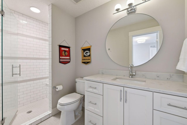 4765 Augusta St, Orono, MN 55364 - bathroom featuring vanity, a stall shower, tile patterned floors, and a textured ceiling