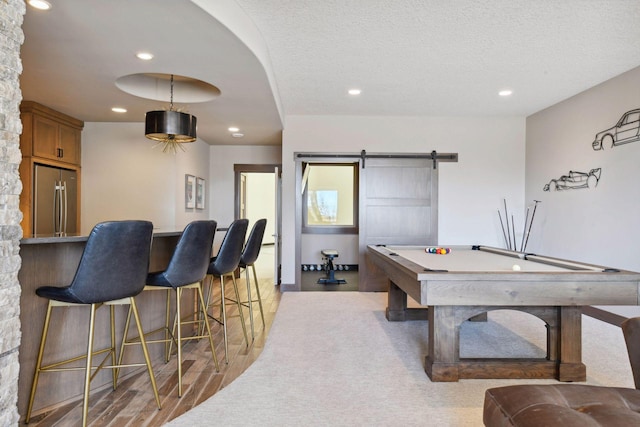 4765 Augusta St, Orono, MN 55364 - recreation room featuring recessed lighting, light colored carpet, a barn door, and pool table