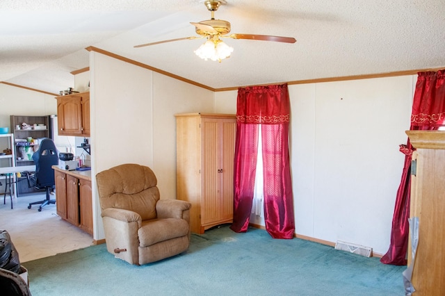 4906 32nd St SW, Pine River, MN 56474 - sitting room with visible vents, ornamental molding, lofted ceiling, light carpet, and a ceiling fan