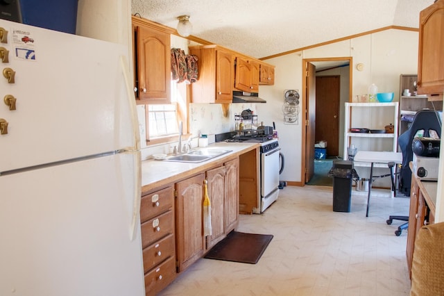 4906 32nd St SW, Pine River, MN 56474 - kitchen featuring a sink, white appliances, light countertops, a textured ceiling, and under cabinet range hood