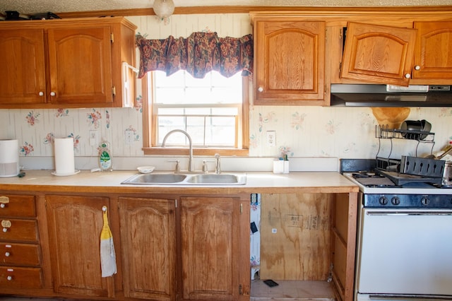 4906 32nd St SW, Pine River, MN 56474 - kitchen featuring a sink, light countertops, brown cabinetry, gas range gas stove, and under cabinet range hood