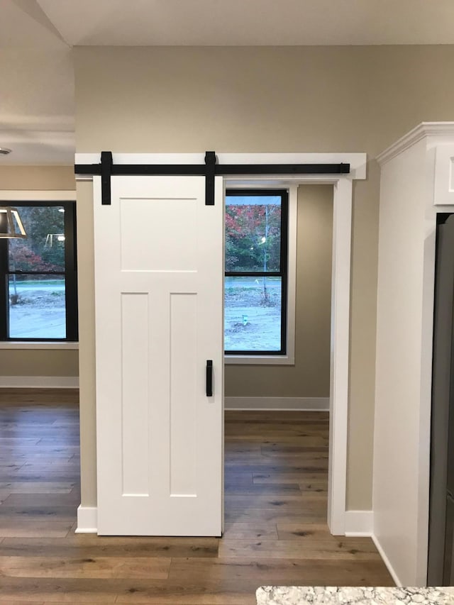 interior space featuring hardwood / wood-style flooring and a barn door