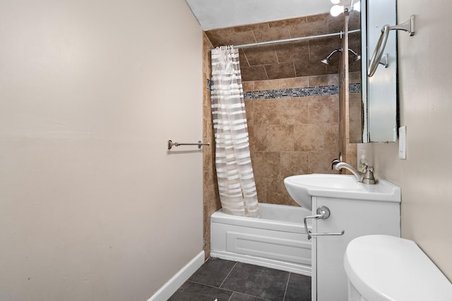 full bath featuring toilet, a sink, baseboards, tile patterned floors, and shower / bathtub combination with curtain