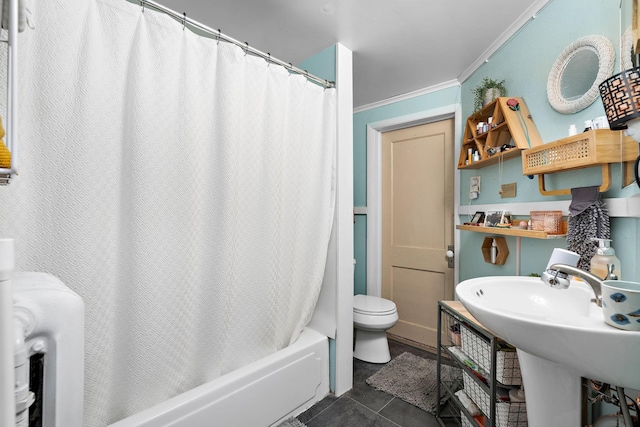 bathroom featuring shower / bath combo, tile patterned floors, toilet, and crown molding