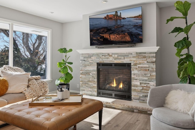 living room with hardwood / wood-style flooring and a fireplace