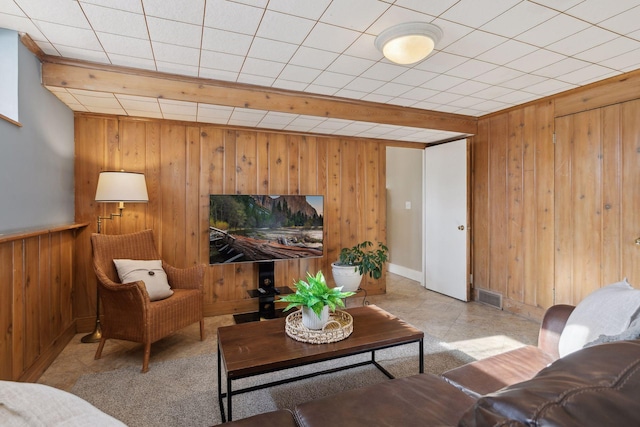 living room with wood walls