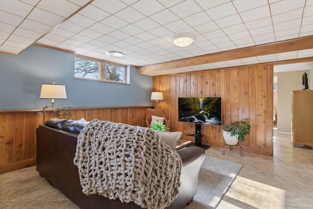 living room with wood walls