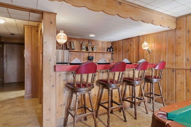 bar featuring fridge and wood walls