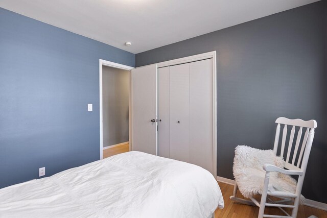 bedroom with wood-type flooring and a closet