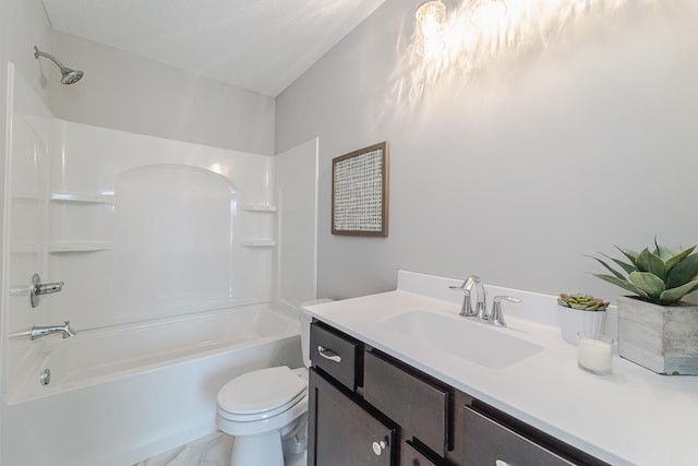 full bathroom with vanity, bathtub / shower combination, and toilet