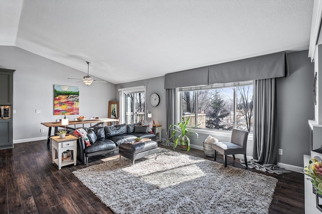 living room featuring dark wood finished floors, a textured ceiling, a wealth of natural light, and lofted ceiling