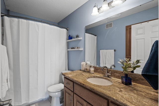 full bathroom with vanity, a shower with shower curtain, visible vents, a textured ceiling, and toilet