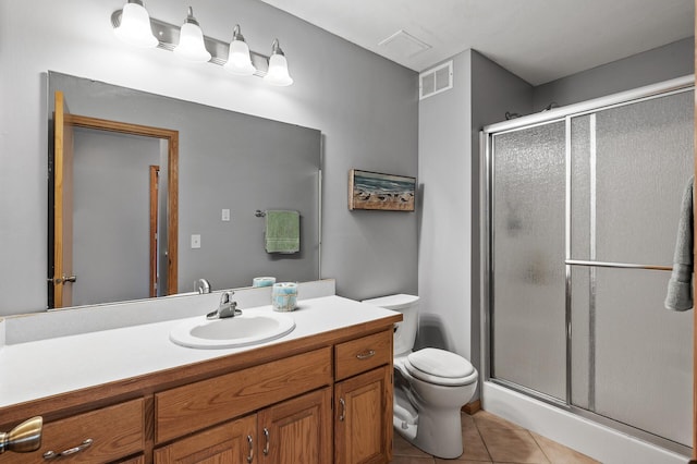 bathroom with visible vents, a shower stall, toilet, tile patterned floors, and vanity