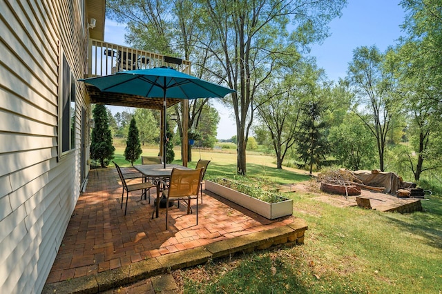 view of patio / terrace featuring a vegetable garden and a fire pit