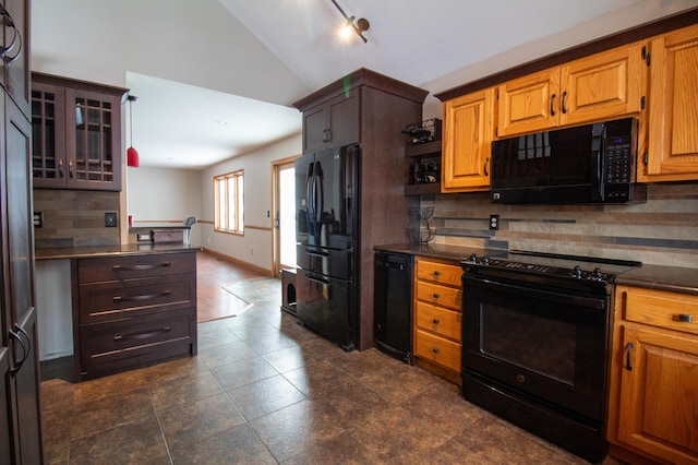 kitchen with tasteful backsplash, vaulted ceiling, and black appliances