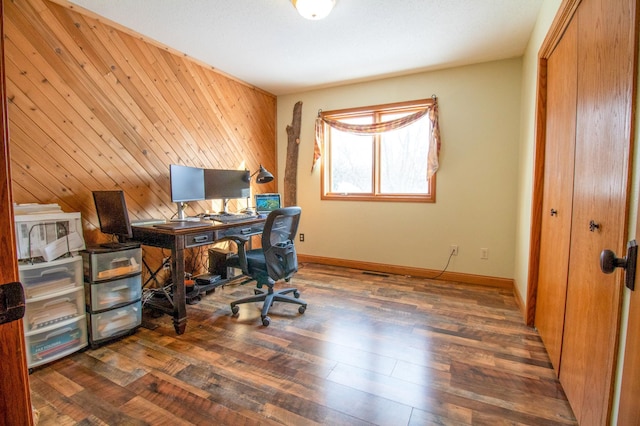 office area with dark wood-type flooring and wood walls