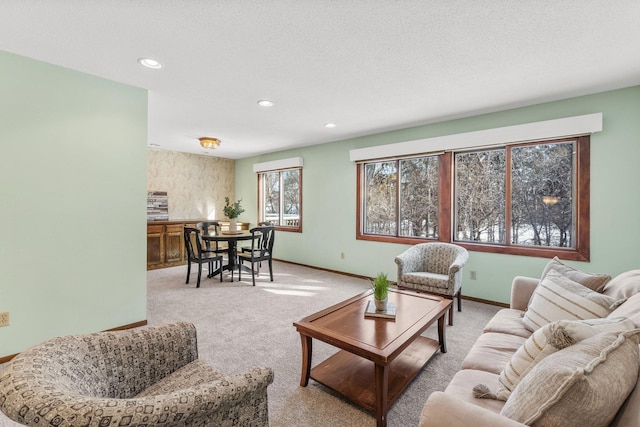 living room featuring a textured ceiling and light carpet