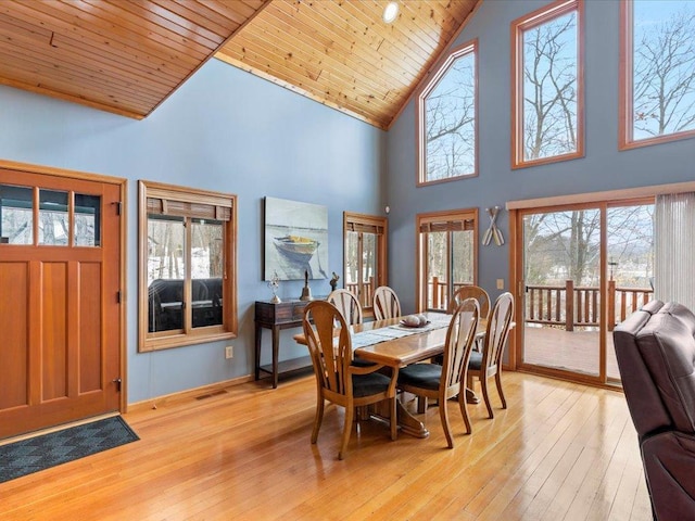dining room featuring high vaulted ceiling, light wood-style floors, and wood ceiling