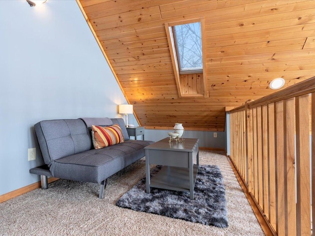 living area featuring wood ceiling, light carpet, baseboards, and lofted ceiling