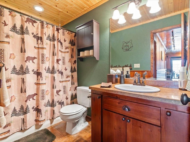 full bath featuring crown molding, wood ceiling, toilet, vanity, and a textured wall
