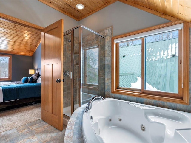 ensuite bathroom with wood ceiling, a stall shower, a whirlpool tub, and vaulted ceiling