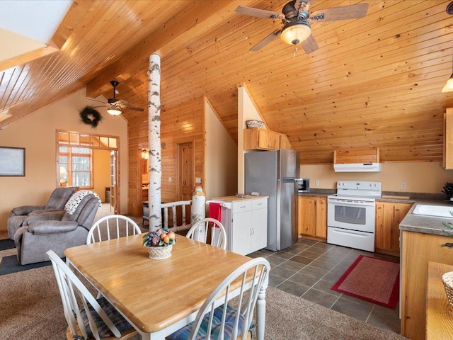 dining area with a ceiling fan, lofted ceiling, wooden ceiling, and dark tile patterned flooring