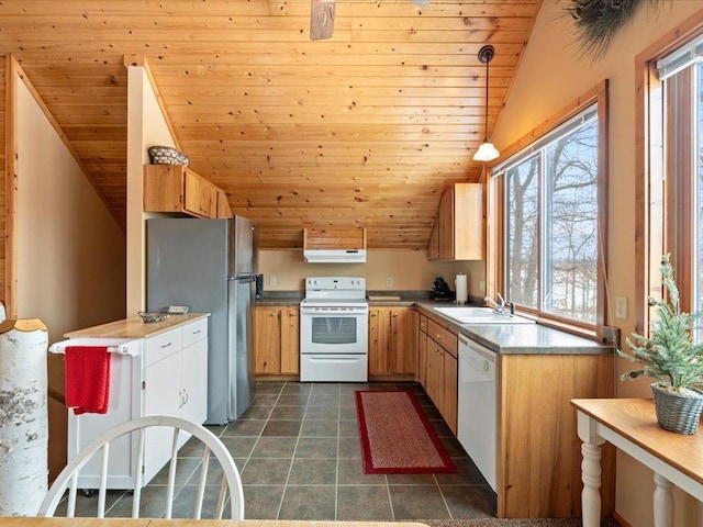 kitchen featuring white appliances, wood ceiling, under cabinet range hood, lofted ceiling, and a sink