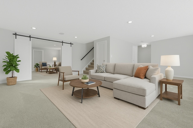 living area featuring a barn door, light carpet, recessed lighting, and baseboards