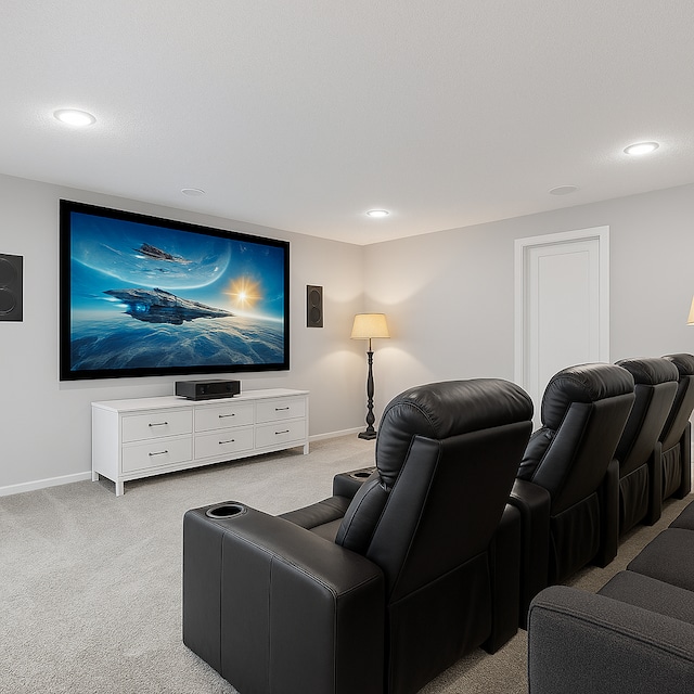 home theater room with carpet, baseboards, and recessed lighting