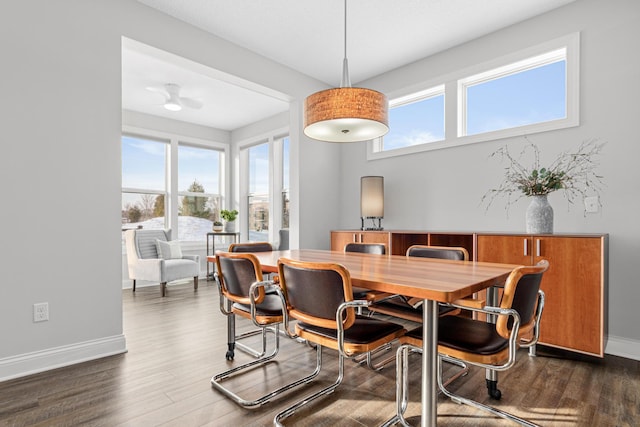 dining space with dark wood-type flooring and baseboards