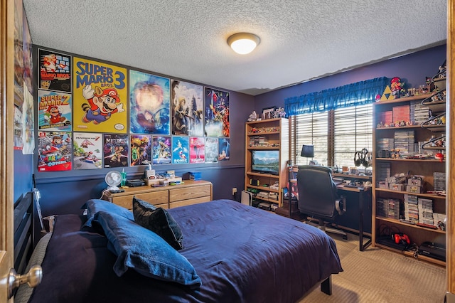 carpeted bedroom with a textured ceiling