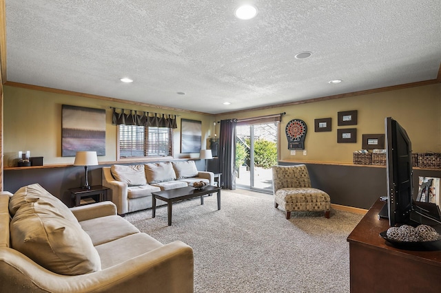 living area with crown molding, recessed lighting, carpet flooring, a textured ceiling, and baseboards