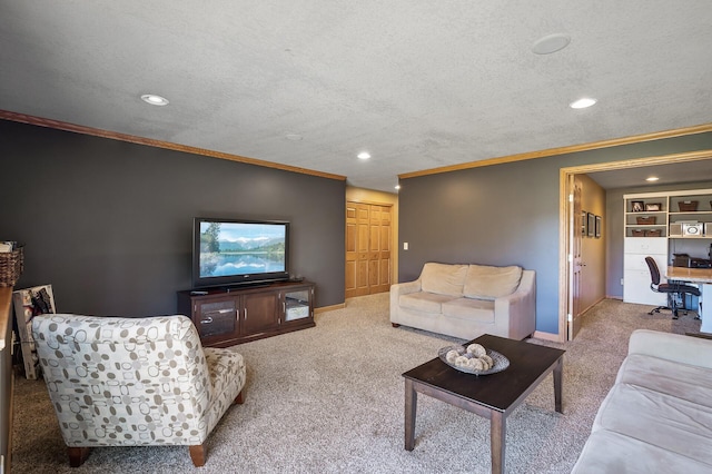 carpeted living area featuring baseboards, ornamental molding, and a textured ceiling