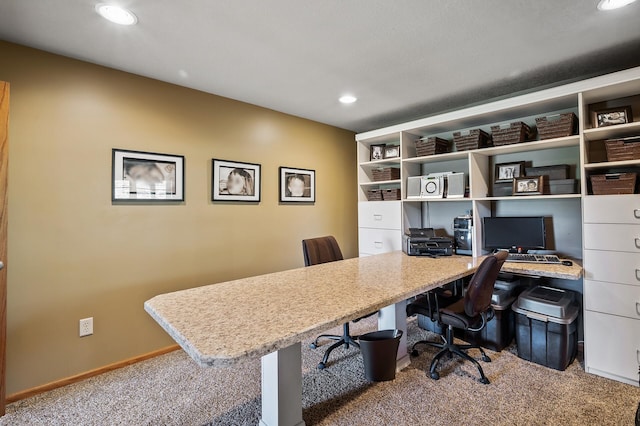 office featuring carpet floors, recessed lighting, and baseboards