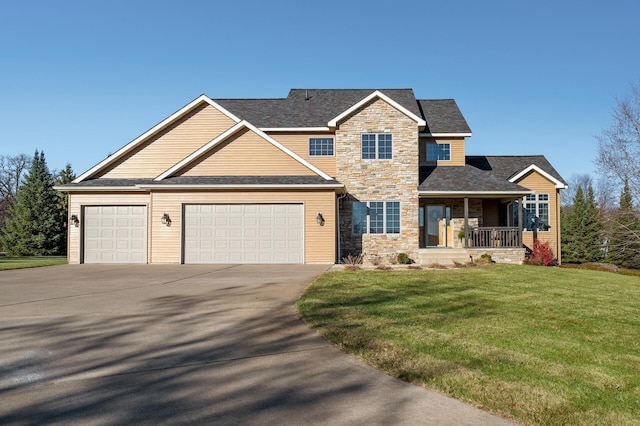 craftsman house featuring concrete driveway, stone siding, an attached garage, covered porch, and a front lawn