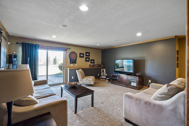 living room with carpet, a textured ceiling, crown molding, and recessed lighting