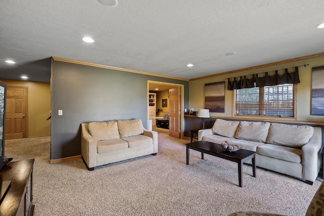 living room featuring a textured ceiling, recessed lighting, light colored carpet, baseboards, and ornamental molding