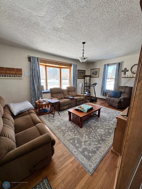 living room with wood-type flooring and a textured ceiling